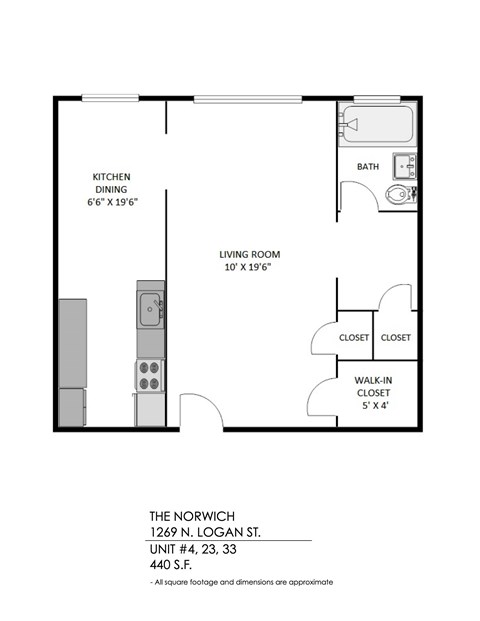 A floor plan of a one bedroom apartment with a living room, kitchen, and bath.